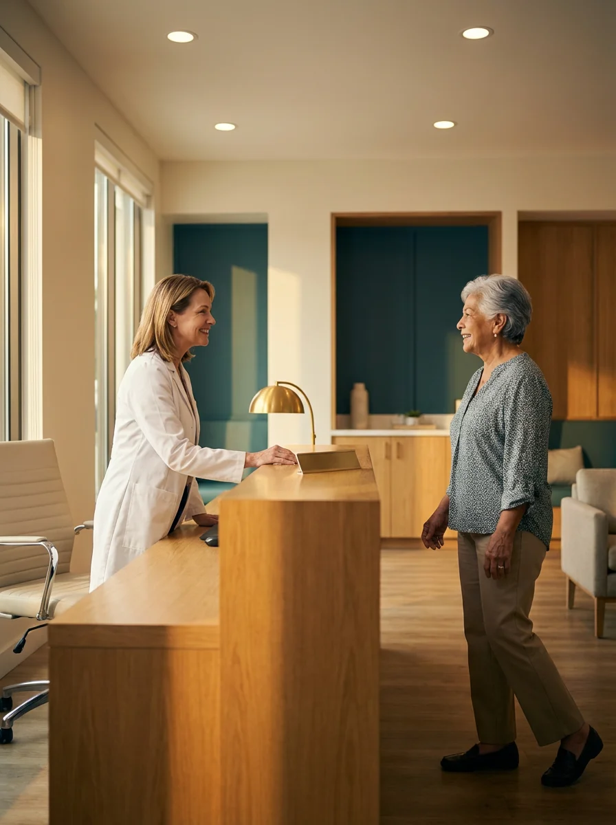 Front desk staff greeting patient with warm professional smile — Ophtha Consulting | Diana Andre