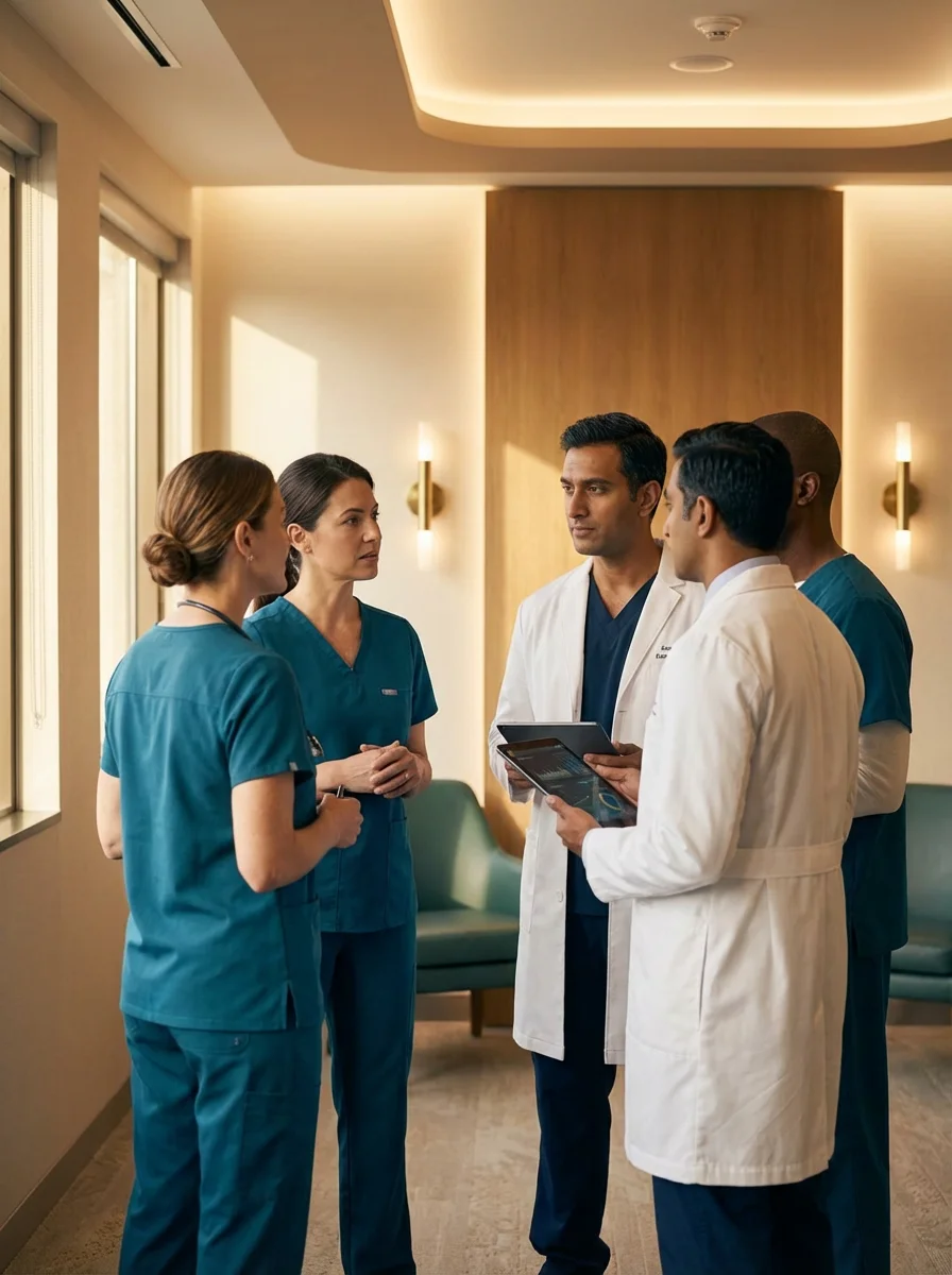 Medical team morning huddle representing staff transformation in Phase 2 — Ophtha Consulting | Diana Andre