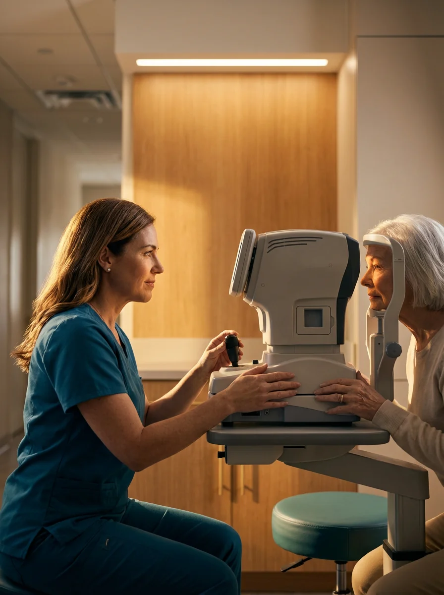 Ophthalmic technician performing precise pre-exam workup — staff excellence in action — Ophtha Consulting | Diana Andre
