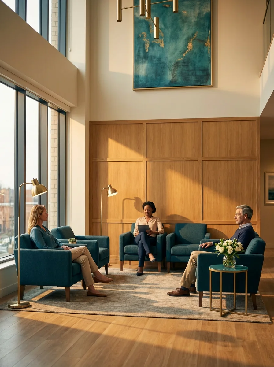Premium waiting room showing aspirational patient experience — Ophtha Consulting | Diana Andre