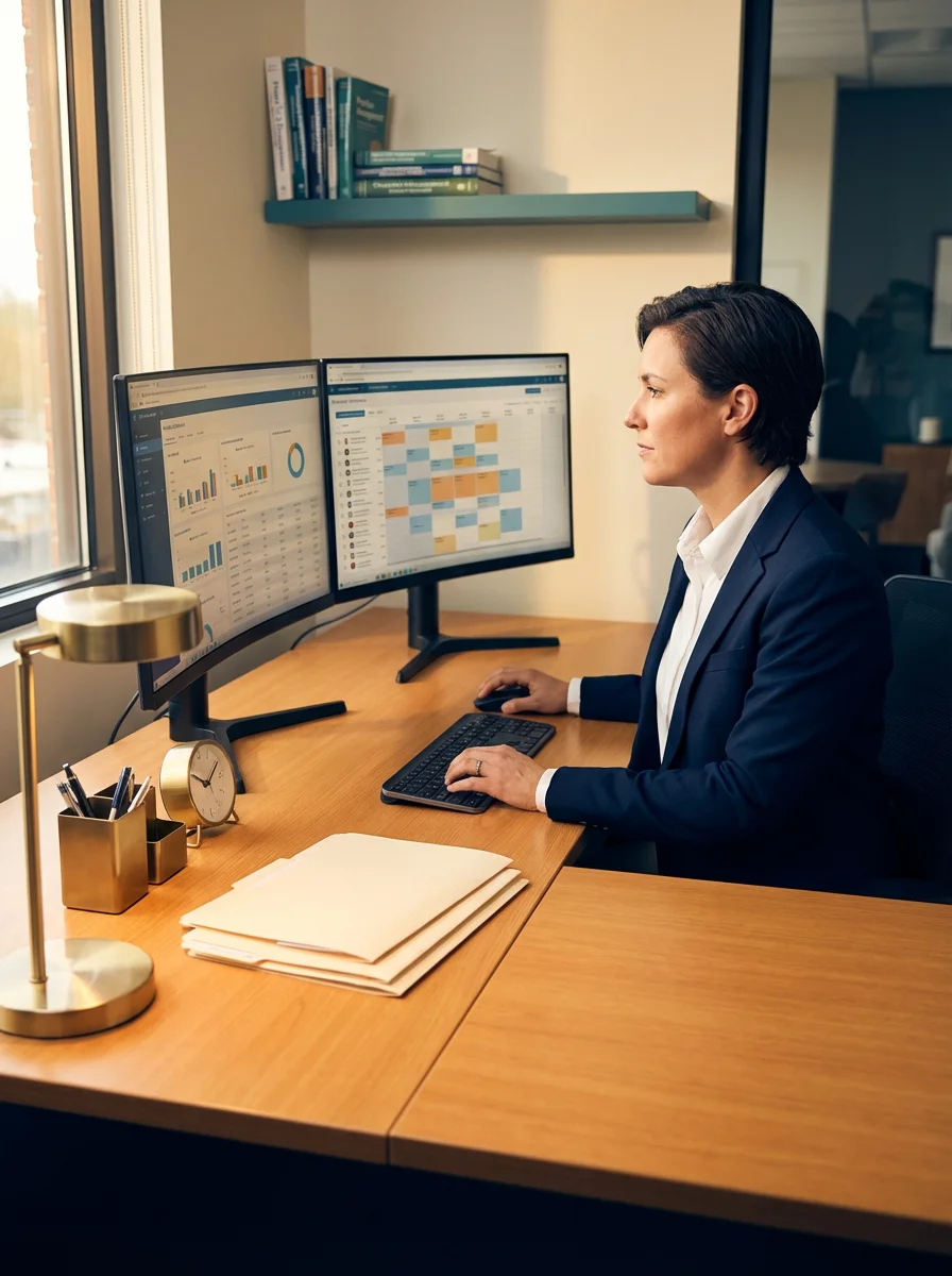 Practice manager at command center with dashboards and operational data — Ophtha Consulting | Diana Andre